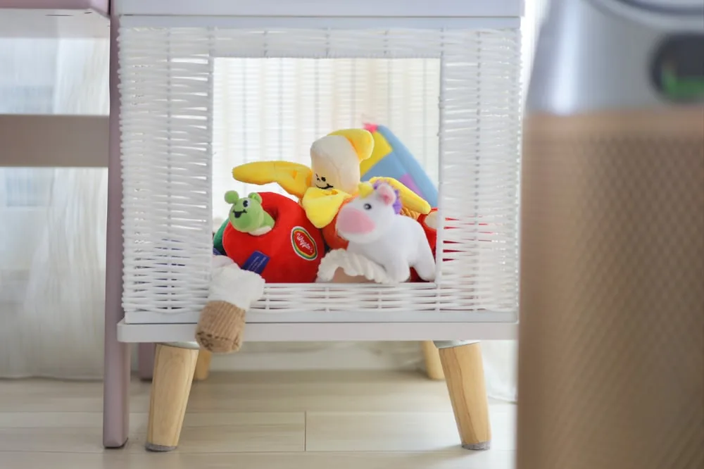 白いバスケットに入ったわんちゃん用おもちゃ
